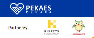 Infografika przedstawiająca logo PEKAES POMAGA z logami partnerów: Kulczyk foundation oraz zaczytani.org