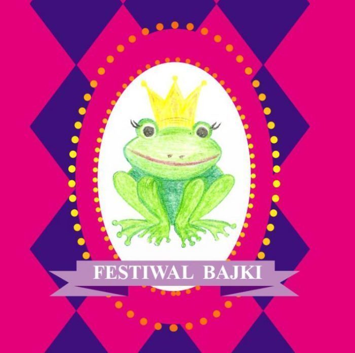 Infografika przedstawiająca zieloną żabę z koroną w ramce z napisem FESTIWAL BAJKI
