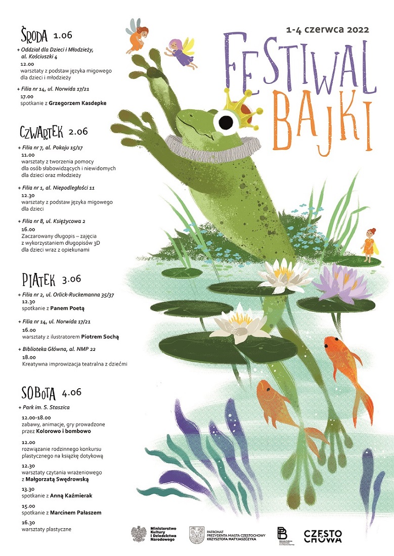 Program 8. Festiwalu Bajki. Grafika przedstawia żabkę wyskakującą z wody.